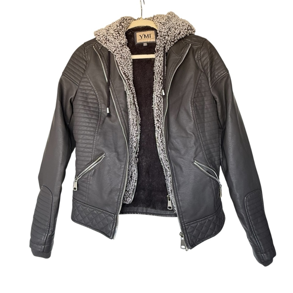 Charcoal faux leather bikercore moto jacket with removable sherpa hoodie – YMI